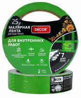 Лента малярная DЕCOR 25 мм х 25 м, зеленая, для внутренних работ